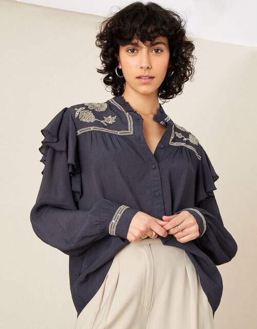 Victorian Embroidered Blouse, Grey (CHARCOAL), large