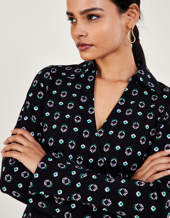 Geometric Print Ruched Jersey Wrap Shirt with Sustainable Cotton, Black (BLACK), large