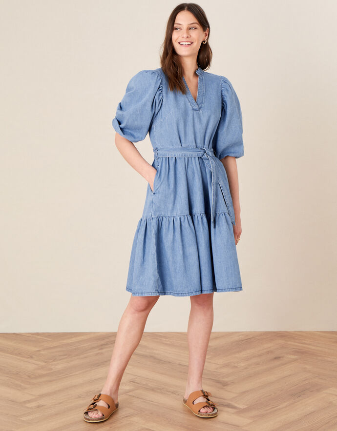 Puff Sleeve Belted Denim Dress Blue Denim Monsoon UK.