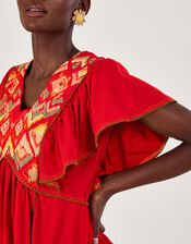 Embroidered Ruffle Sleeve Jersey Dress, Red (RED), large