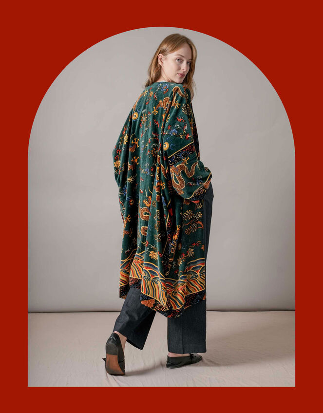 One Hundred Stars Velvet Dragon Print Kimono, , large