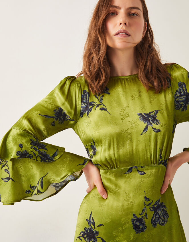 Pelia Satin Ruffle Midi Dress, Green (CHARTREUSE), large