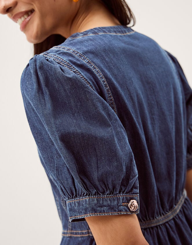 Eliza Puff Sleeve Denim Midi Dress, Blue (MID AUTHENTIC BLUE), large