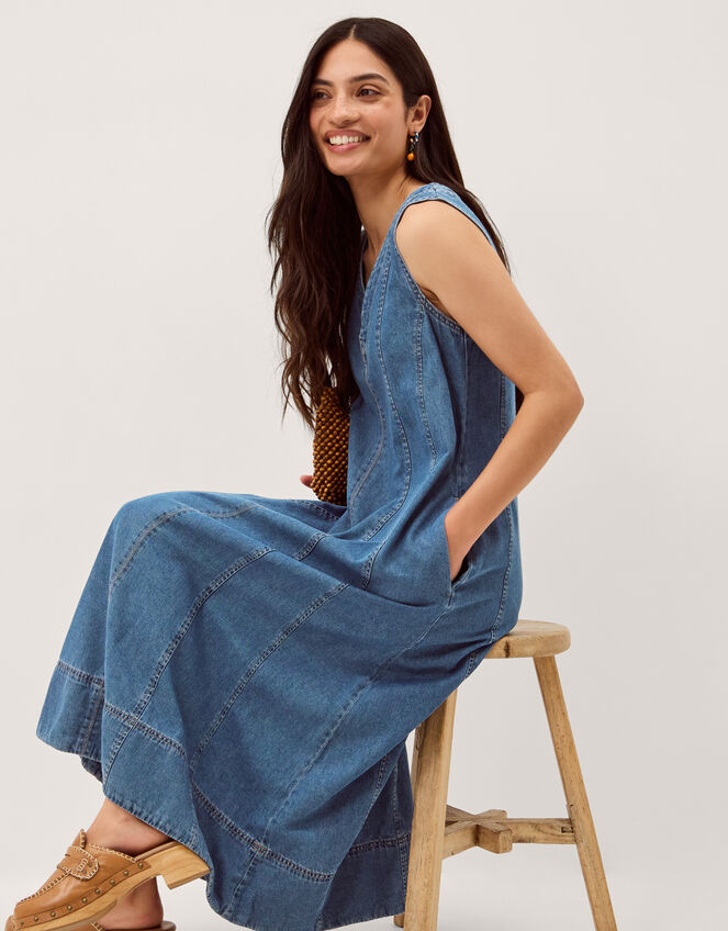 Tessa Sleeveless Denim Midi Dress, Blue (MID AUTHENTIC BLUE), large