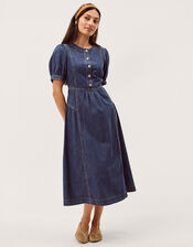 Eliza Puff Sleeve Denim Midi Dress, Blue (MID AUTHENTIC BLUE), large