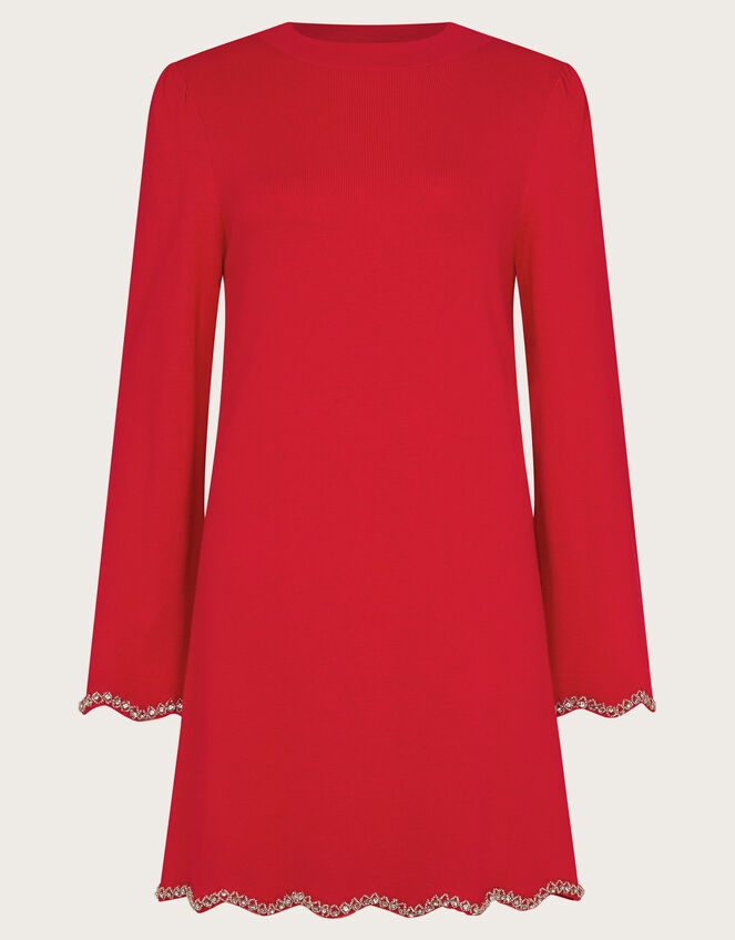 Tia Beaded Mini Jumper Dress, Red (RED), large