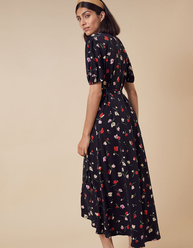 Floral Wrap Jersey Midi Dress, Black (BLACK), large