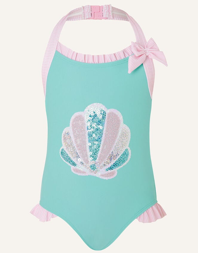 Sequin Shell Halter Swimsuit , Blue (TURQUOISE), large
