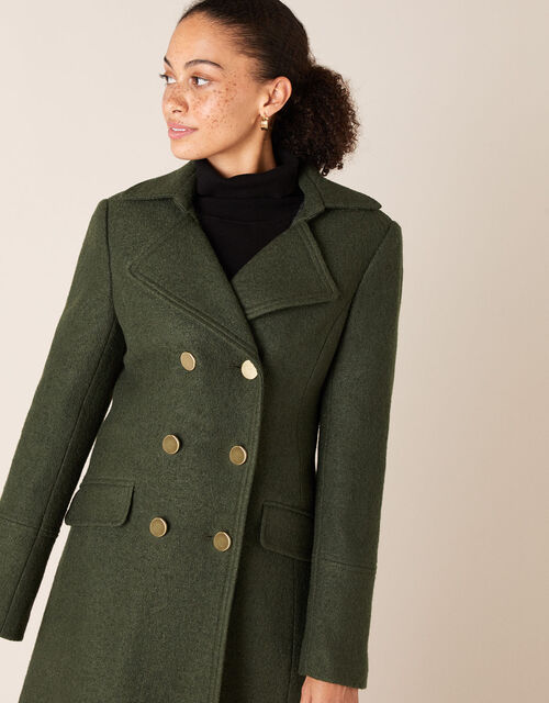 Long Military Coat In Wool Blend Green, Green Military Pea Coat