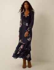 Rowena V-Neck Ruffle Floral Print Maxi Dress, Blue (NAVY), large