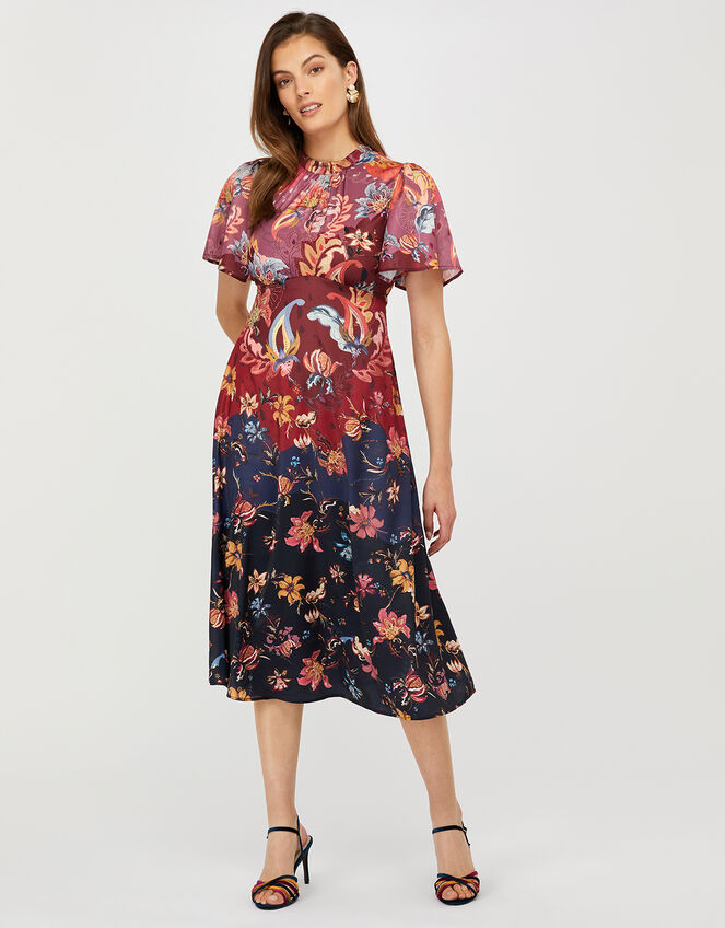 Laura Printed Satin Midi Tea Dress, Blue (NAVY), large