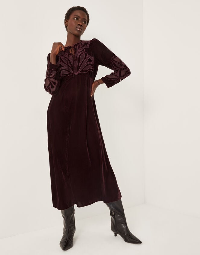 Ezra Embroidered Velvet Midi Dress, Purple (AUBERGINE), large