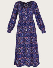 Isla Ikat Print Shirred Midi Dress in Sustainable Viscose, Purple (LILAC), large