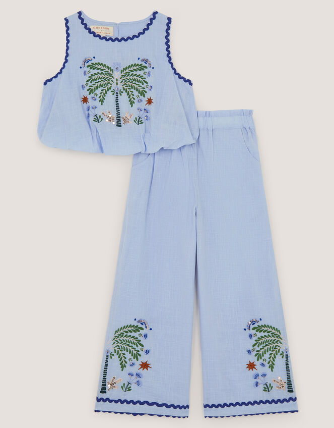 Monsoon x Charlie Taylor Embroidered Top & Trousers Set, Blue (BLUE), large