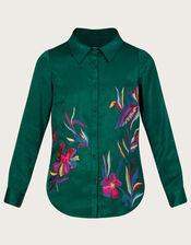 Constance Embroidered Satin Shirt in Recycled Polyester, Green (GREEN), large