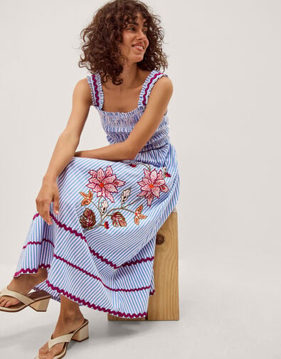 Sloane Floral Stripe Midi Dress, Blue (BLUE), large