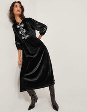 Venus Embroidered Stretch Velvet Midi Dress, Black (BLACK), large