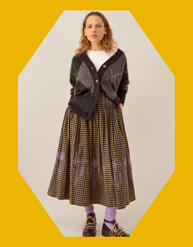 East Dilly Embroidered Gingham Print Midi Skirt, Multi (MULTI), large