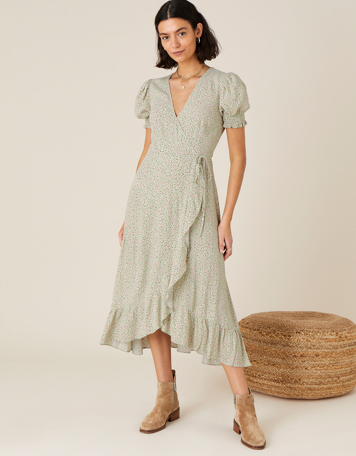 Ditsy Daisy Print Wrap Dress Green | Casual \u0026 Day Dresses | Monsoon UK.