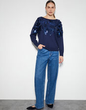 Sabine Boat Neck Sequin Jumper, Blue (NAVY), large