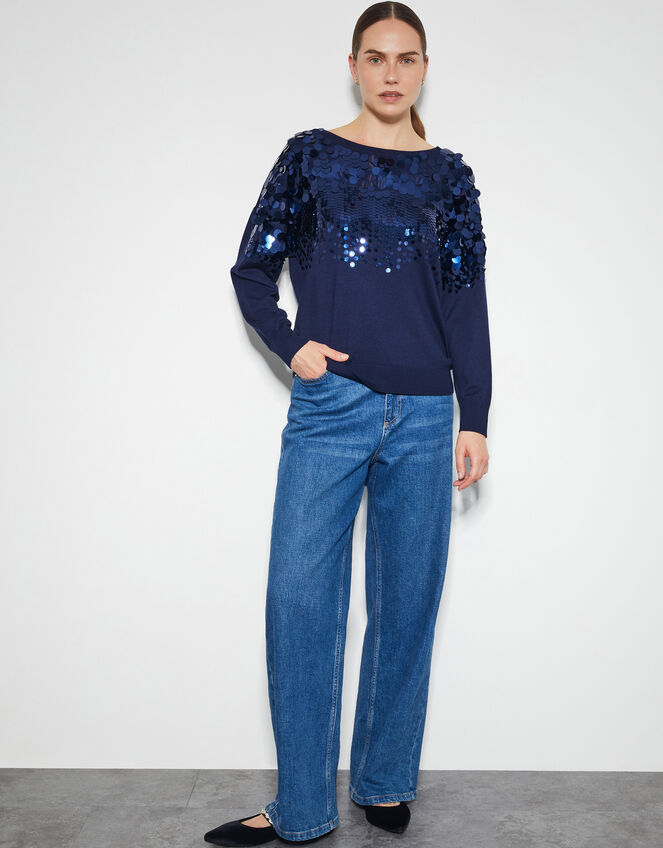 Sabine Boat Neck Sequin Jumper, Blue (NAVY), large