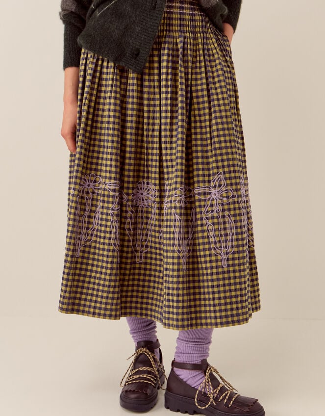 East Dilly Embroidered Gingham Print Midi Skirt, Multi (MULTI), large