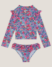 Floral Shell Print UPF50+ Long Sleeve Swim Set, Blue (BLUE), large