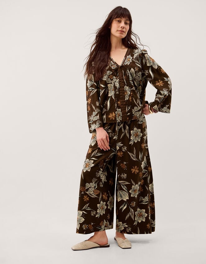 Esther Floral Linen Blend Top, Brown (CHOCOLATE), large