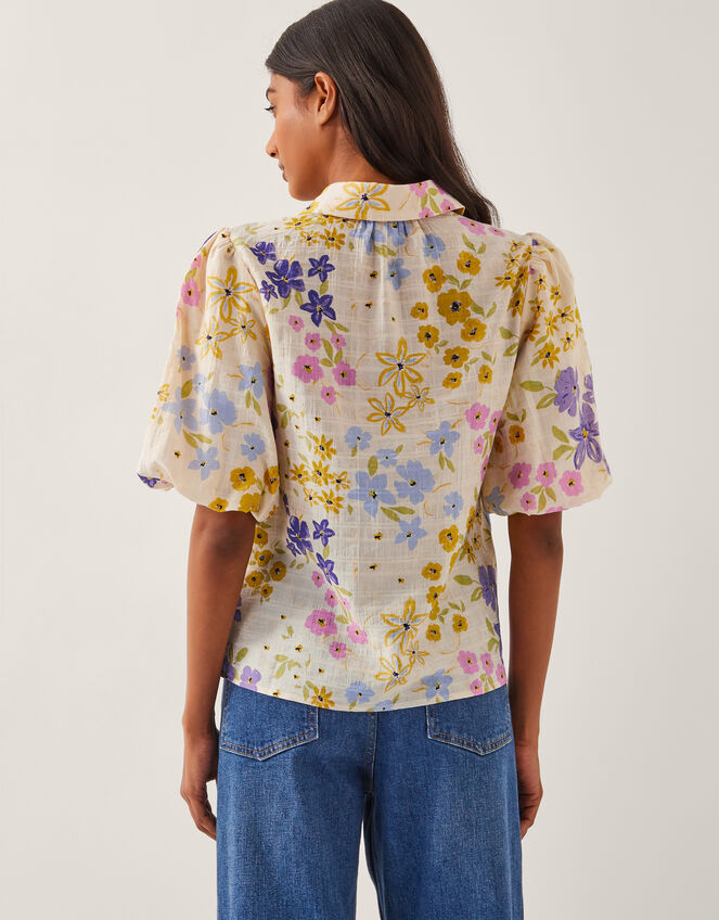 Madeline Floral Puff-Sleeve Shirt , Ivory (IVORY), large