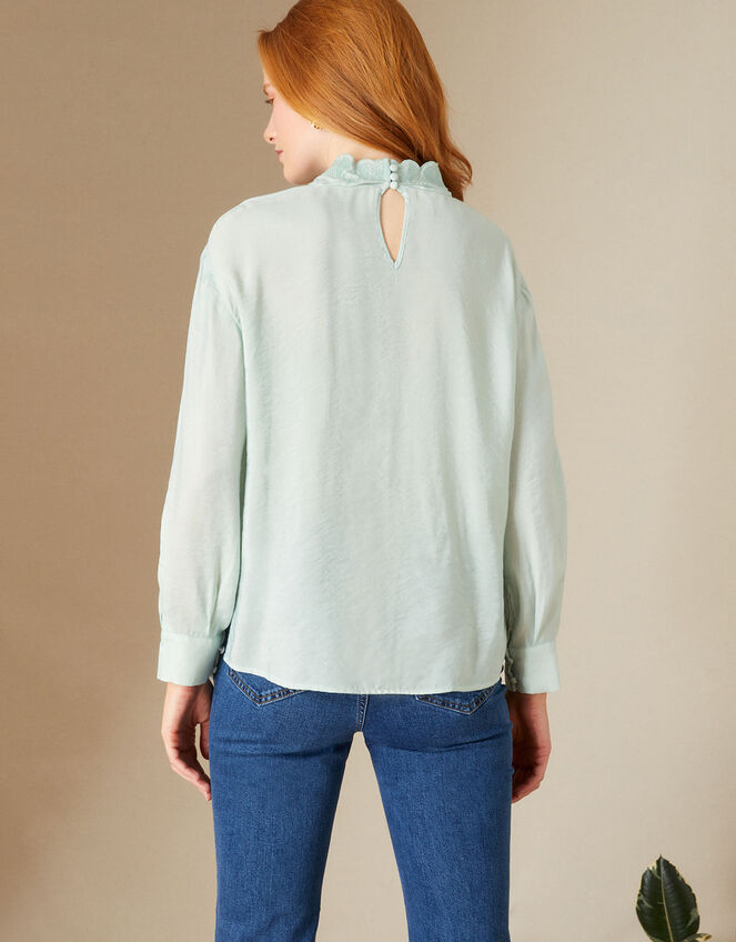 Embroidered Scallop Long Sleeve Blouse , Green (SAGE), large