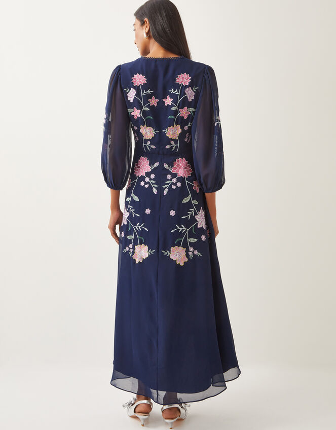 Emani Floral Embroidered Midi Tea Dress, Blue (NAVY), large