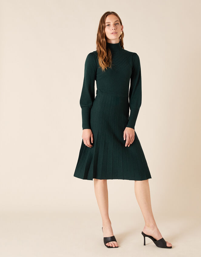 Pointelle Yoke Knit Dress with Recycled Fabric, Green (DARK GREEN), large