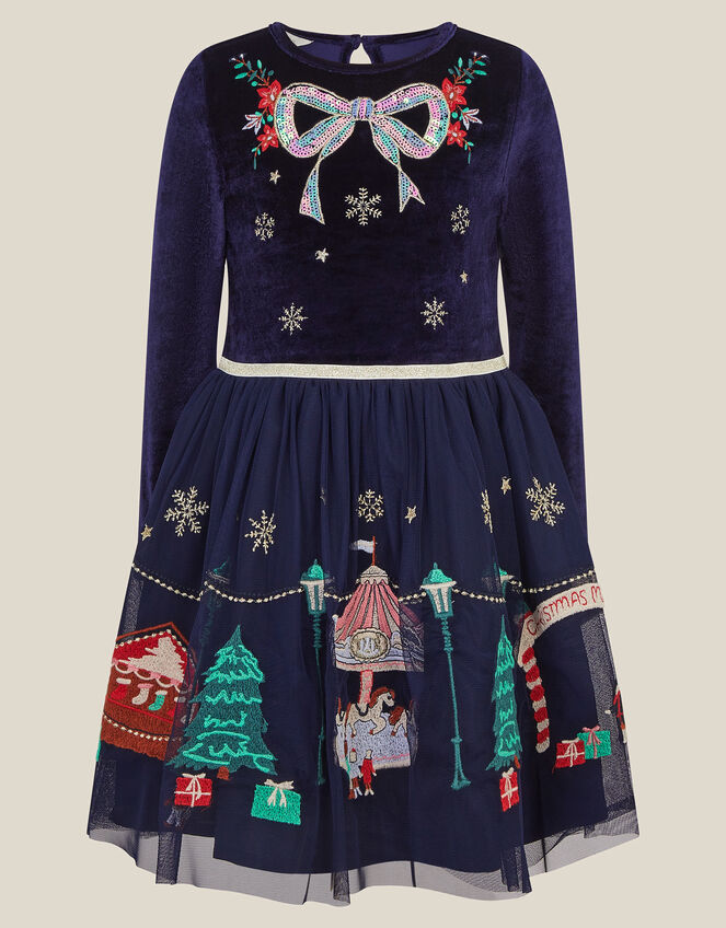 Christmas Market Scene Velvet Disco Dress, Blue (NAVY), large