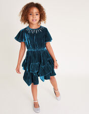 Gemstone Velvet Ruffle Dress, Teal (TEAL), large