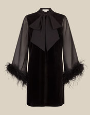 Sadie V-Neck Feather Sleeve Velvet Mini Dress, Black (BLACK), large
