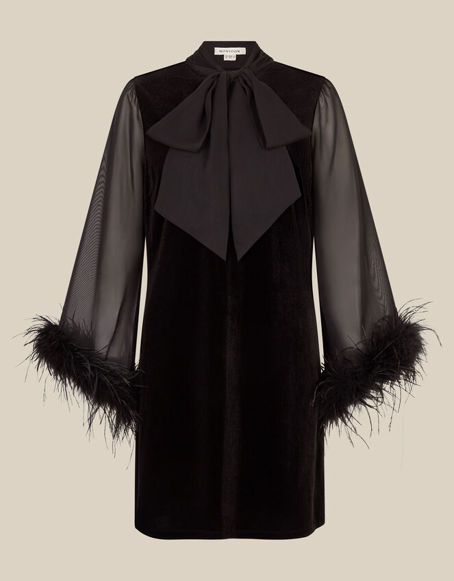 Sadie V-Neck Feather Sleeve Velvet Mini Dress, Black (BLACK), large