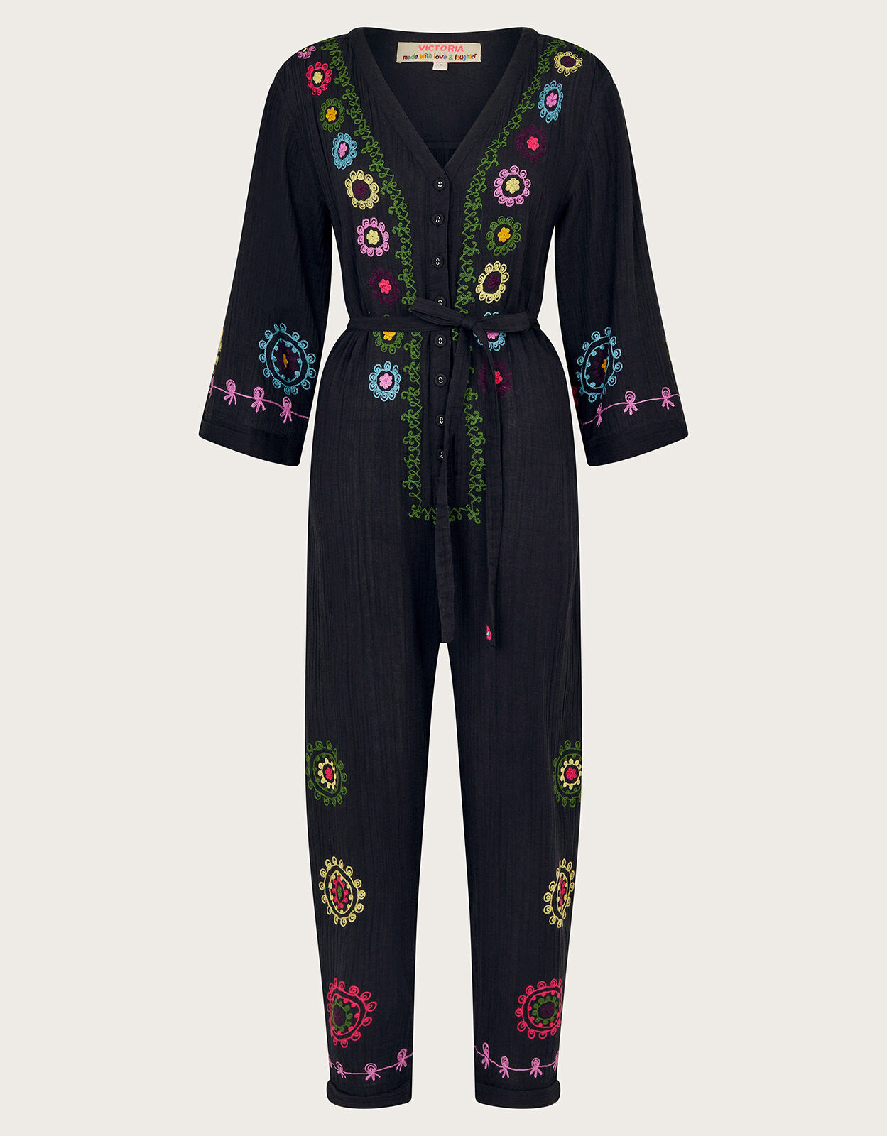 La Galeria Elefante Hand-Embroidered Jumpsuit Black