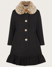 Ruffle Hem Faux Fur Collar Coat, Black (BLACK), large