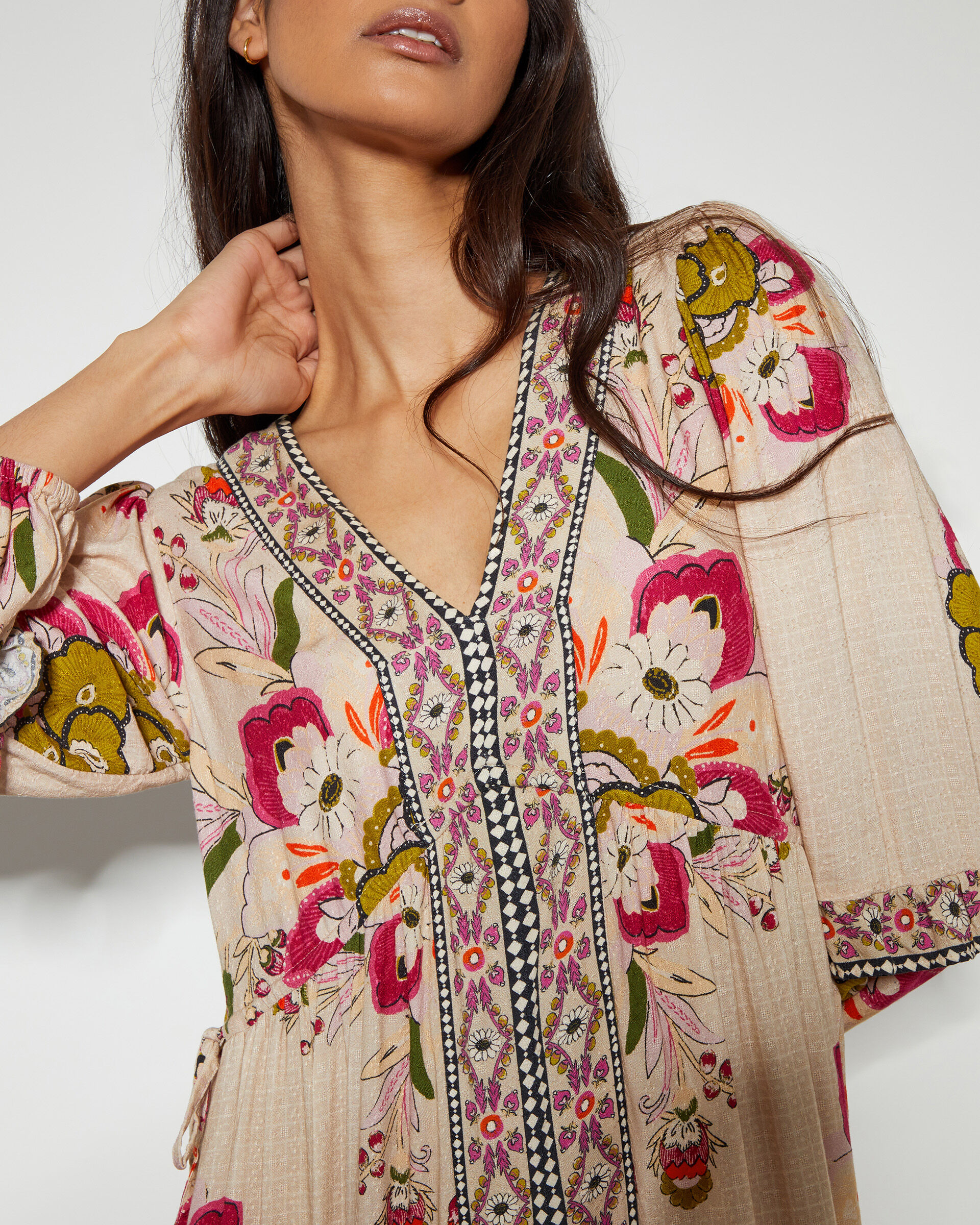 Kara Long Sleeve Floral Ruffle Maxi Dress Ivory