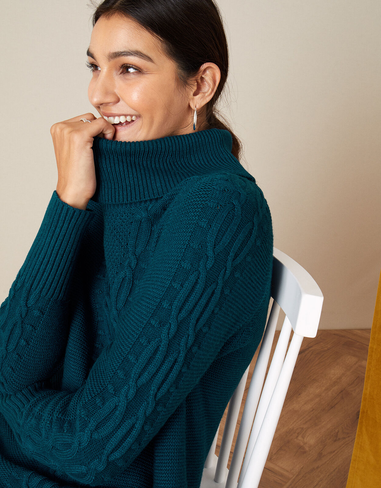 Roll Neck Cable Knit Jumper Teal
