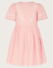 Floral Embroidered Short Sleeve Dress, Pink (PINK), large