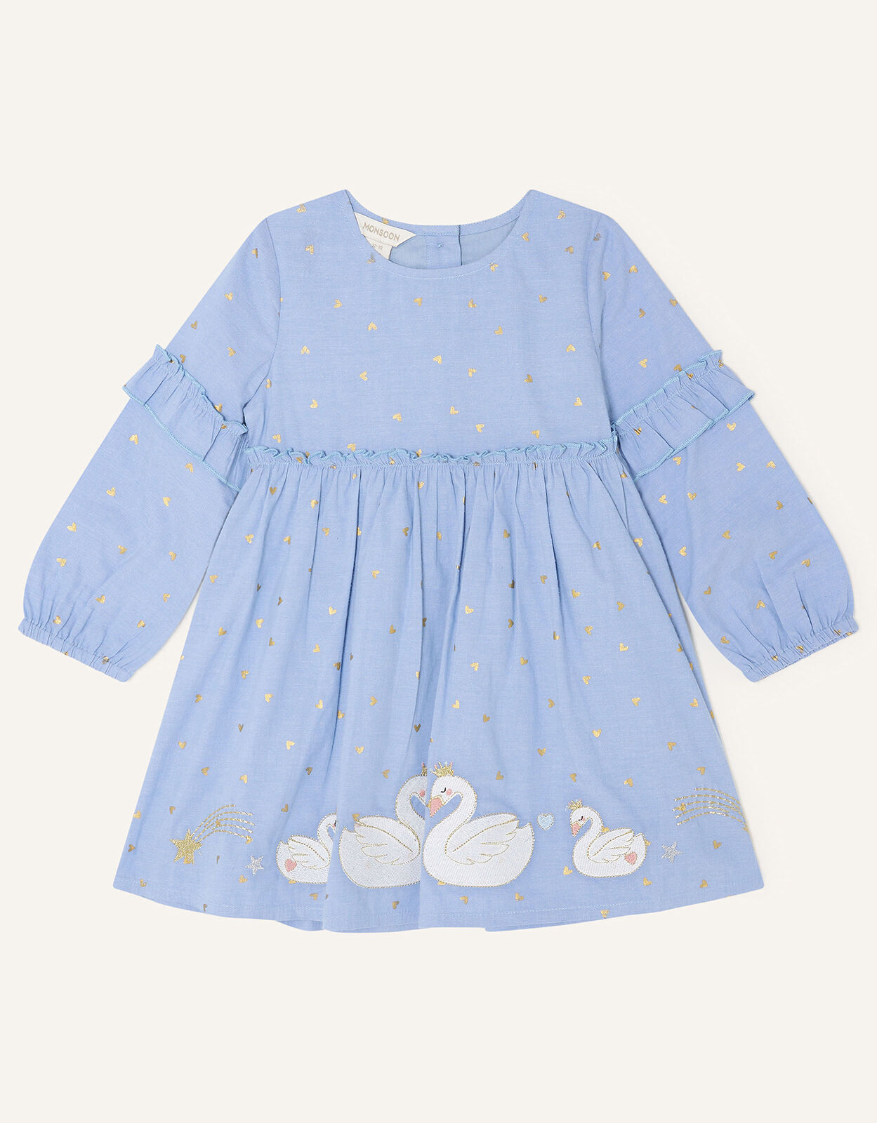 Baby Chambray Swan Embroidered Dress Blue