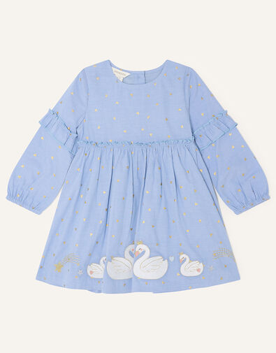 Baby Chambray Swan Embroidered Dress Blue, Blue (BLUE), large