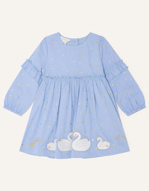 Baby Chambray Swan Embroidered Dress, Blue (BLUE), large