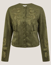Ari Embroidered Faux Suede Jacket, Green (KHAKI), large