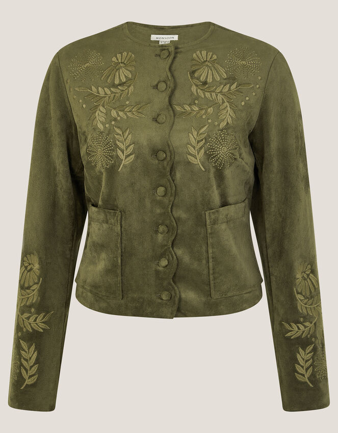 Ari Embroidered Faux Suede Jacket, Green (KHAKI), large