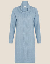 Cable Knit Cowl Neck Dress, Blue (BLUE), large