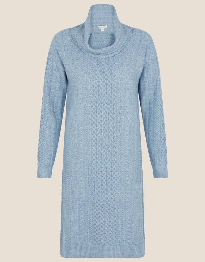 Cable Knit Cowl Neck Dress, Blue (BLUE), large