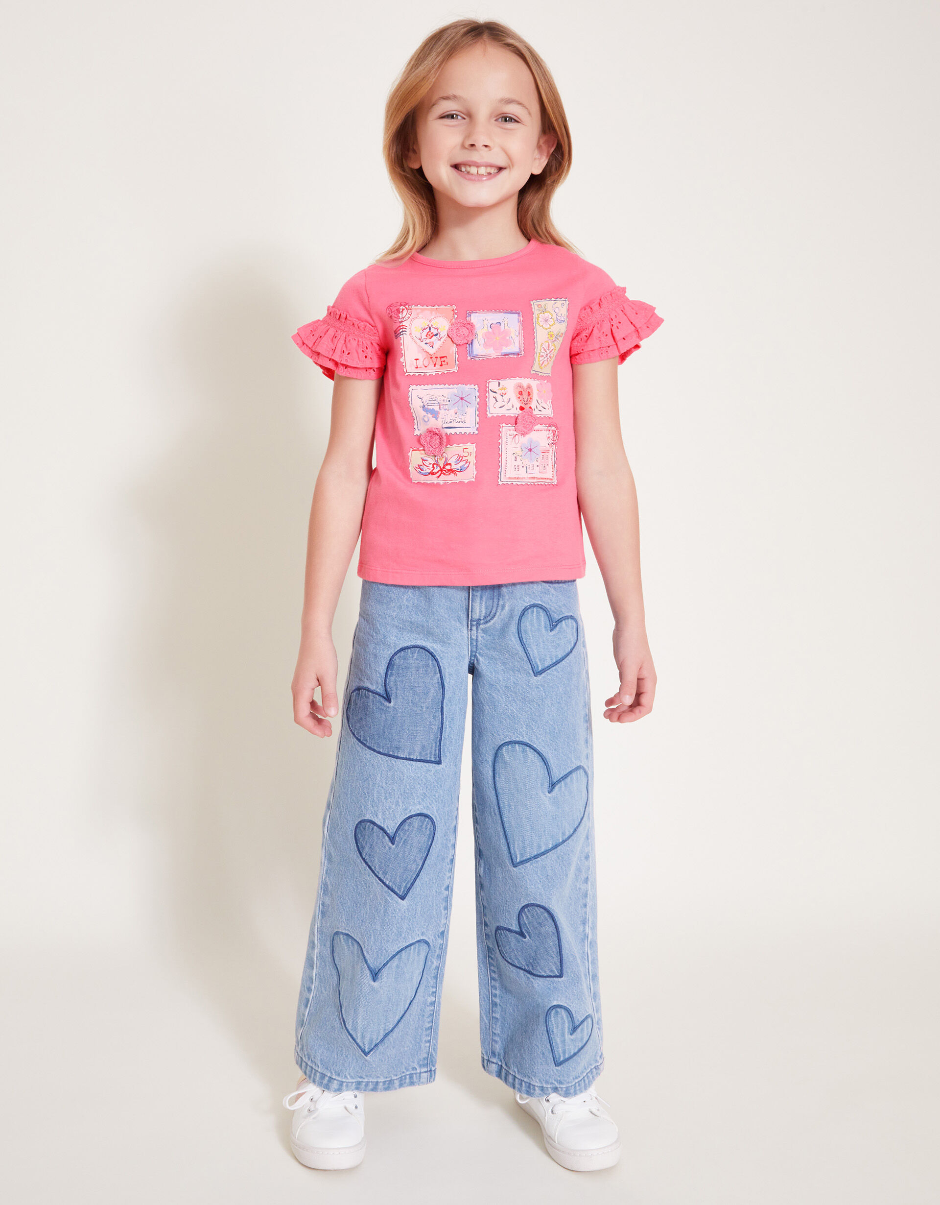 Stamp Print Ruffle T-Shirt Pink
