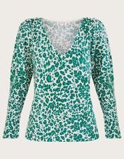 Animal Print V-Neck Jumper with Recycled Polyester, Green (GREEN), large